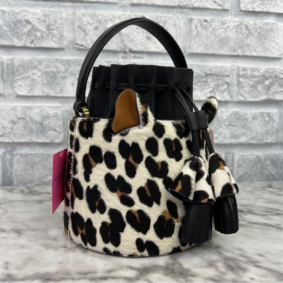 Kate Spade Buttercup Leopard Haircalf Small Bucket Bag Crossbody - Picture 3 of 16